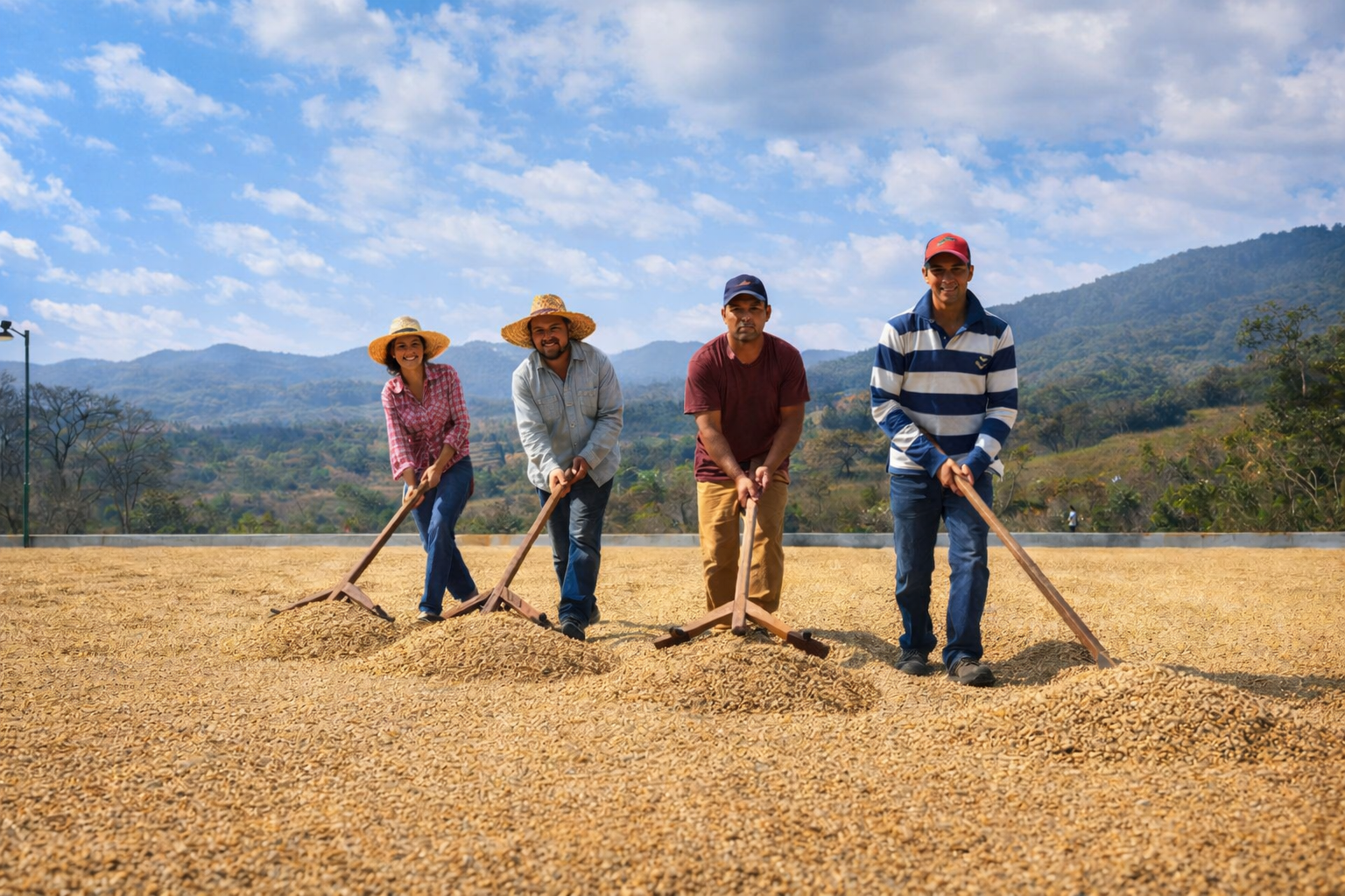Café Dams producers raking coffee on the drying patio