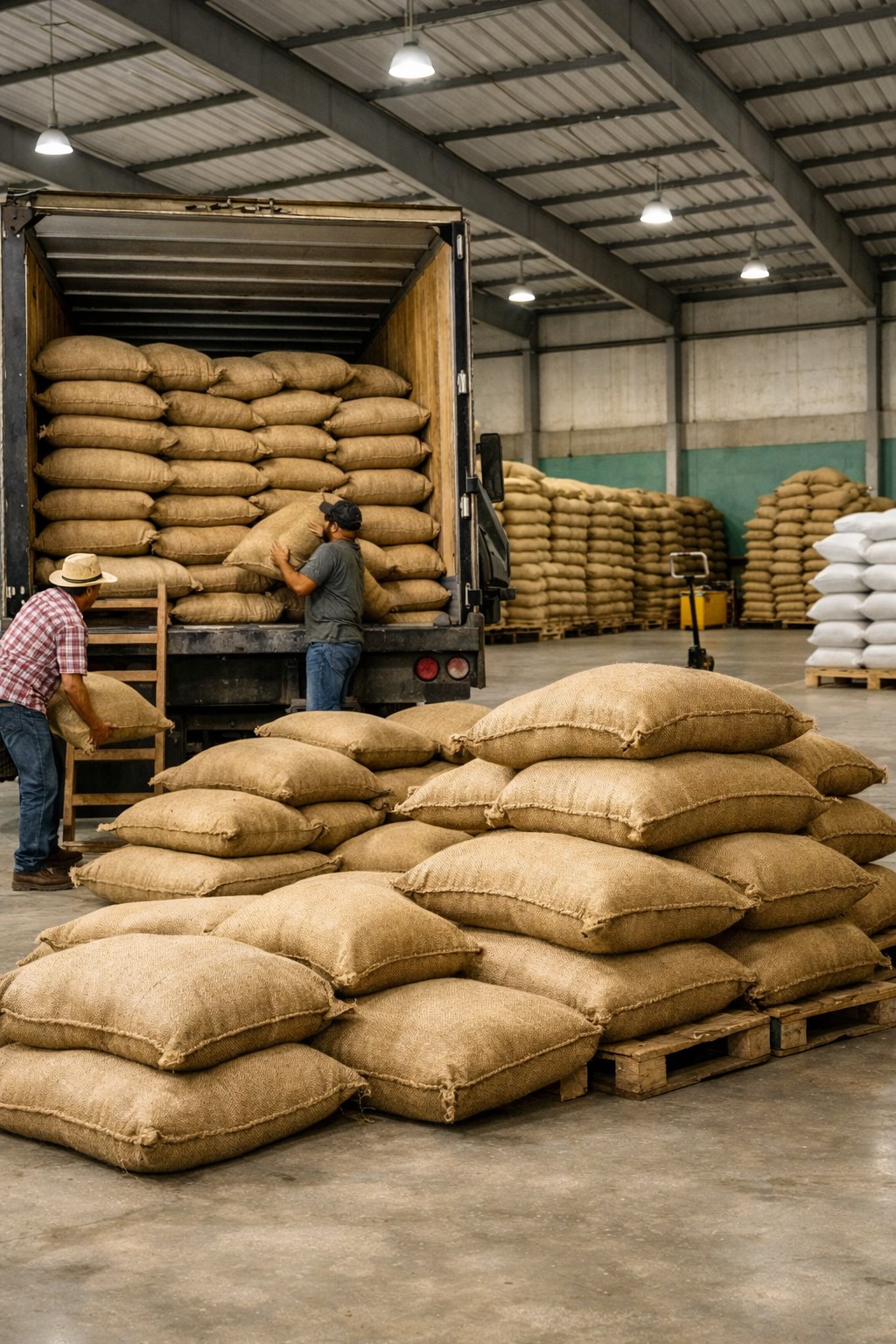 Trabajadores cargando sacos de café en una bodega